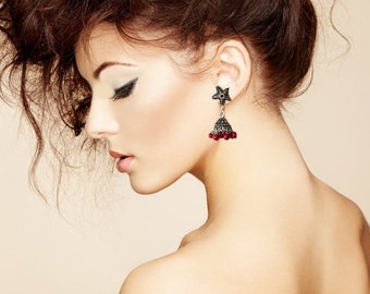 Star earrings-TRIBAL SILVER Jhumka Earrings,red Silver Jhumkas,Bohemian Kucchi Earrings,Silver dome Indian Jewellery Taneesi Jewelry