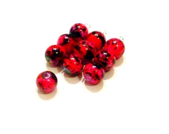 10 Red 8 mm fuchsia speckled effect black glass beads