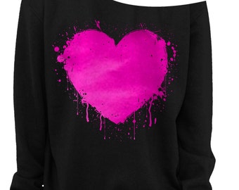 VALENTINE'S DAY HEART - Foil - Slouchy Sweatshirt - Heart Sweatshirt - Grunge - Splatter Heart - Off the shoulder - Pink Foil Imprint - s-3x