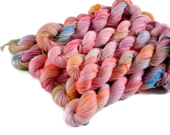 Mini Skeins, Hand Dyed Yarn, Sock Weight, Superwash Merino Wool Yarn, Knitting Yarn, Sock Yarn, Multi-colored, rainbow - Tickled Pink