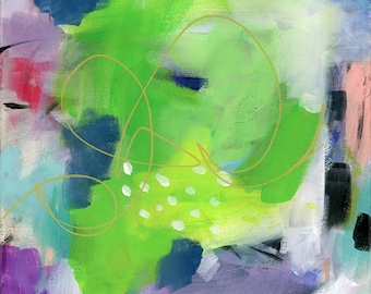 Modern Art, Original abstract Painting, green, gold, dotted, Fine Art, Nature, wrapped canvas