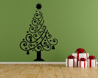 Christmas Tree Vinyl Wall Decal, Decor, Sticker, Free US Shipping, Black or White, 12.6" X 18"