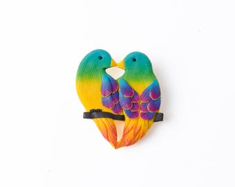 Polymer clay birds brooch Love kiss brooch Bird jewelry Bird pin Birdie brooch Pair of birds Tropical jewelry handmade Birds on a branch