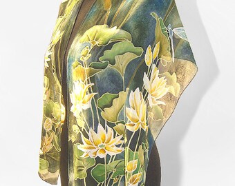 Blue green silk scarf - Waterlily & Dragonfly scarf - hand painted scarves - blue scarf - water lilies scarf Ofelia - silk scarves