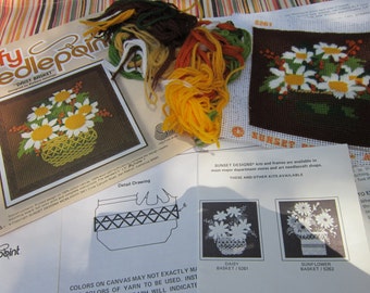 Vintage Daisy Basket Jiffy Needlepoint Almost Completed Stitchery Kit To Finish Up By Sunset Designs