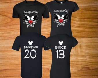 Celebrating anniversary Minnie Mickey with custom year on front and together since back design matching couple Valentine tshirts