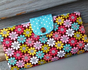 Floral Checkbook Holder, Personalized Pink & Brown Coupon Wallet, Fabric Checkbook Cover