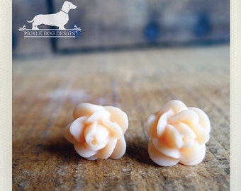 DOLLAR DEAL! Little Peach. Rosebud Post Earrings -- (Small Flower Earrings, Pastel Pink, Shabby Chic, Roses Bridesmaid Jewelry, Under 5)