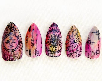 Boho Sunshine Stiletto Nails- Press On Nails- Stiletto Fake Nails- Acrylic Nail- Boho Hippie Free Spirit, Tie Dye Nail, Fake Nail