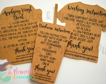 Care Instructions, Care Cards, Decals, Drinkware, Clothing, Washing, Personalized Tags, Set of 20 Any Color
