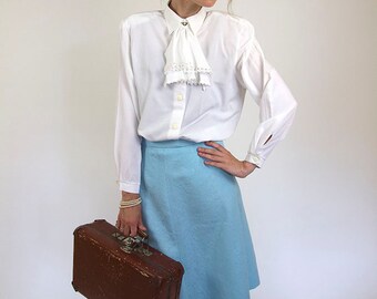 Blue vintage skirt, soviet midi skirt, women high waist 70s skirt. S/M