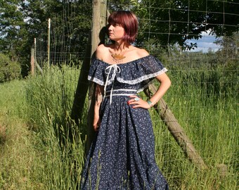 Dark Blue Floral Gunne Sax Maxi Dress