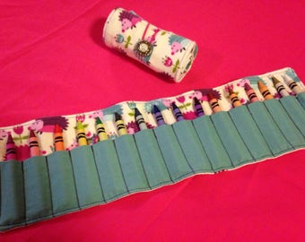 Crayon Roll Up Holder Case Hedgehogs Flowers Handmade Holds 16 Crayons