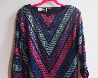 Sequined Beaded 1980s Batwing Dolman Sleeve Silk Top