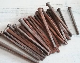 28 Antique Nails, Square Cut Nails, Rustic Nails, Salvaged Hardware, Restoration Hardware, Woodworking Supply, Industrial, Farmhouse Decor