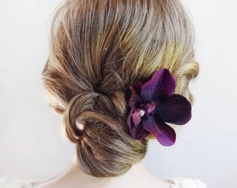eggplant hair flower, eggplant orchid, dark purple hair flower, eggplant wedding, bridal hair flower, prom hair accessories, hair pin
