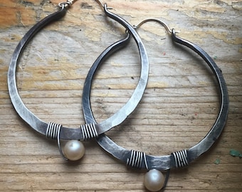 Sterling Silver Hoop Earrings / Large Hoops / Hammered Hoop Earrings / Silver Hoops / DanielleRoseBean Big Hoop Earrings / Silver Hoops