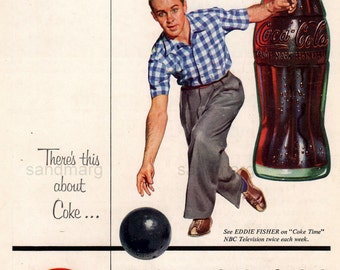 Eddie Fisher Vintage Coke Time Bowling Print Advertisement 1954