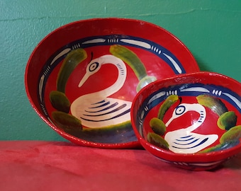 Pair of Paper Mache Bowls--Swan and Flower