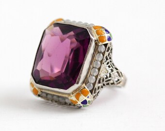 Vintage Enamel Ring - Antique Art Deco 10k White Gold Simulated Amethyst & Seed Pearl Halo - 1920s Size 3 Filigree Glass Stone Fine Jewelry