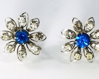 Bugbee & Niles B.N. Signed Vintage Earrings, Blue and Clear Rhinestones, Screw Back Earrings, B.N. Flower Earrings, Vintage Costume Jewelry