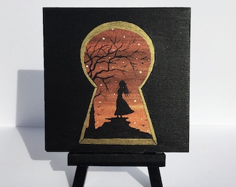 Keyhole view - woman - sunset - silhouette - miniature miniature limited edition print mounted on wood