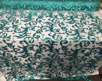Teal green flaming leaf design-embroider on a mesh lace fabric-wedding-bridal-prom-nightgown-sold by the yard-