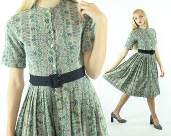 Vintage 50s Novelty Dress Needlepoint Short Sleeve Cotton Pleated Skirt Button Up Shirt Waist Fit and Flare 1950s XXS XX-Small Countrwise