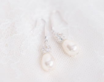 Bridal Drop Earrings, Teardrop Pearl Earrings, Pearl and Crystal Earrings for the Bride, Wedding Earrings