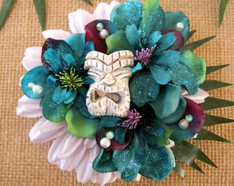 Tiki Flower, Tropical Hair Flower,Odd Rodney Tiki Hair Clip, Tiki Oasis Hair Clip, Tropical Flower-Dark Teal Tiki Clip