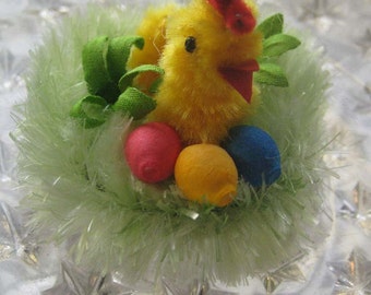 Czech Republic Spun Cotton And Chenille Chick On Nest Easter Decoration