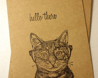 Fun, Cat-Themed "Hello There" Cards | Cat with Glasses | Stamped Card | Set of 10 with Envelopes | Rustic, Brown Cards