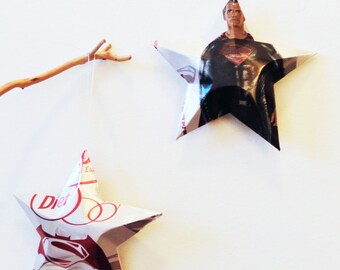 Diet Dr. Pepper Superman V Batman, Stars Christmas Ornaments Soda Can Upcycled Repurposed Red White