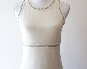 Vintage Ann Taylor LOFT Beaded Sleeveless Mod Sweater Cream White & Silver Beaded Trim and Waist - Simple Elegant White Beaded Top - Med