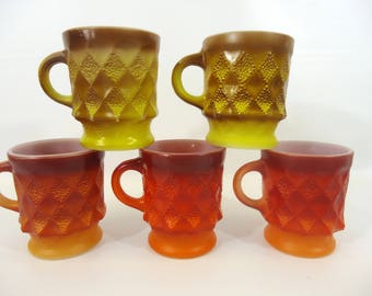 Vintage Orange and Brown Fire King Anchor Hocking Kimberly Mugs Set of Five