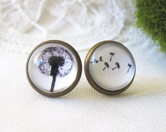 Dandelion Mismatched Antique Brass Post Earrings