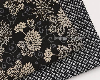 Japanese Kimono Fabric Vintage looking Large chrysanthemum Flower Spots On Black Crepe Fabric- 1/2 Yard