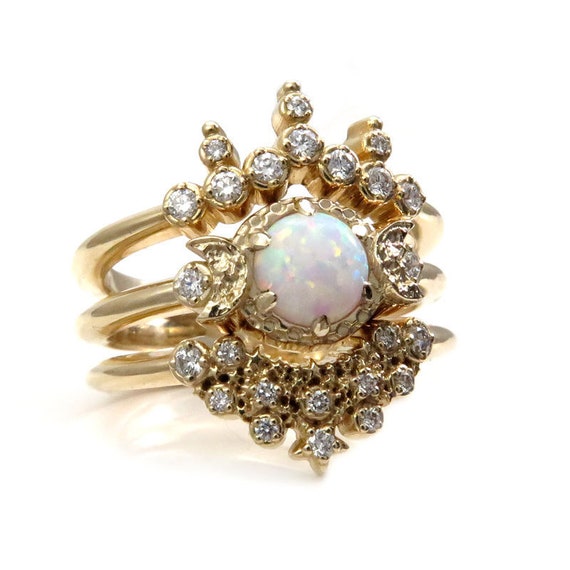Lab Opal Moon and Star Engagement Ring Set - 14k Gold with Diamonds