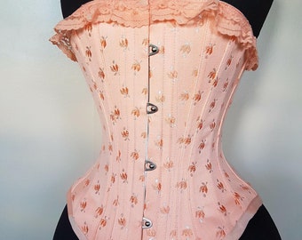 Handmade Antique Coutil Fabric Victorian Mid-Bust Corset Steel Boning Single Layer