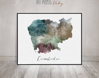 Cambodia map print, map poster, Watercolor poster, Art print, Travel Gift, Wall Decor, Fine art prints, ArtPrintsVicky