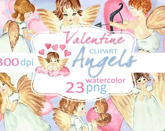 Valentine angels watercolor clip art. Watercolor angels. Pastel Valentine clipart. Angels Clip Art.