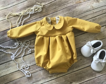 Mustard Peter & Sally Romper - Long Sleeve Peter Pan Collar Romper - Romper - Mustard Romper - Long Sleeve Romper - Baby Romper