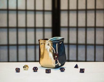 Four Color Harlequin Bag - Gold & Pearl White Dragonskin, Blood Red, and Navy Blue - Four-Sided Leather Dice Bag - One of a Kind