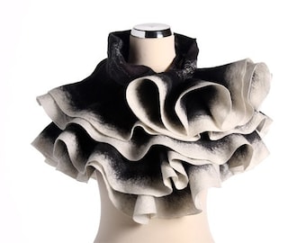 Wavy shawl Felt ruffled scarf - Game of Black and White - Handmade wool and silk