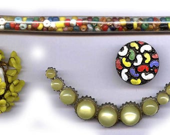 vintage findings YELLOW COLOR BLEND vintage tube of seed beads single earring moonglow lucite colorful cabochon antique inspiration