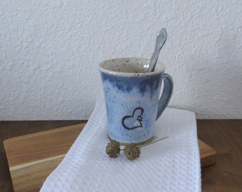 Mug Cup - Handmade Stoneware Ceramic Pottery - Sky Blue and White - Dog Love - 10 ounce
