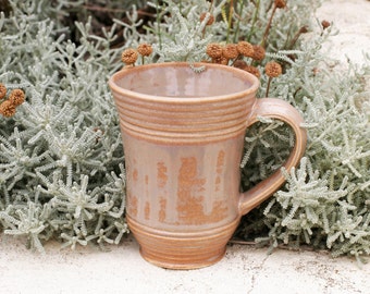 16 oz Mug, Toffee / Mottled Drip Mug, Base of tan, Pearly Tan Overlay, Natural Patina High Fire Stoneware, Hand Painted, Ready To Ship