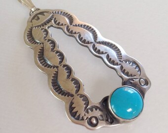Native American Santo Domingo Turquoise Sterling Silver Stamped Pendant Signed Chimney Butte