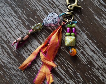 Purse Pull - Key Chain - Skull Charm - Boho Zipper Pull - Orange and Purple - Skulls - Accessory - Bead Soup Jewelry