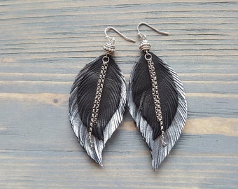 Feather earrings. Leather feather earrings. Leather earrings. Boho earrings. Bohemian earrings. Black silver earrings. Large earrings.